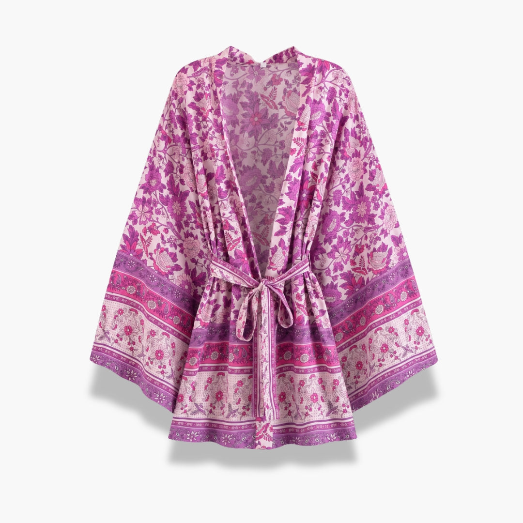 Kimono Femme Court Fleuri Violet Orchidée | Shizuka