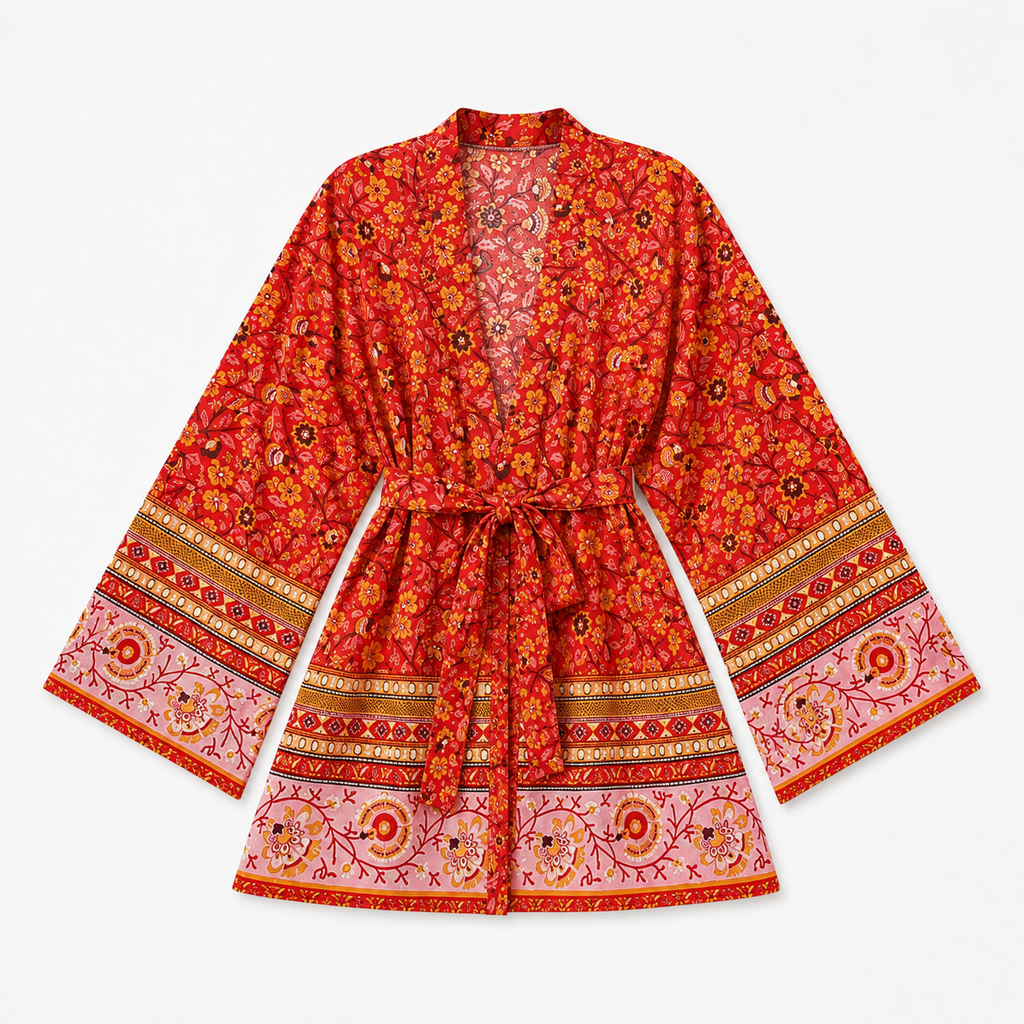 Kimono Femme Court Rouge Fleuri Japonais | Momiji