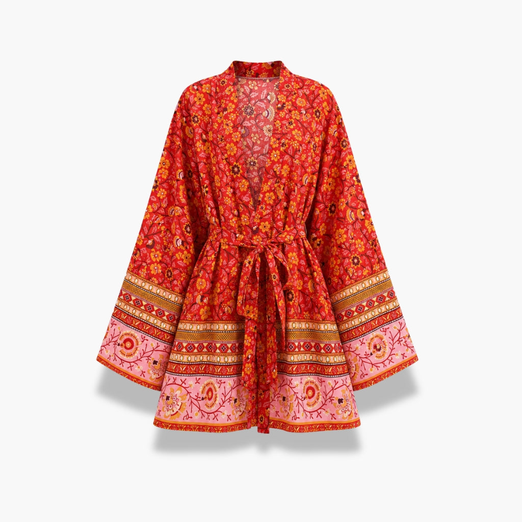 Kimono Femme Court Rouge Fleuri Japonais | Momiji