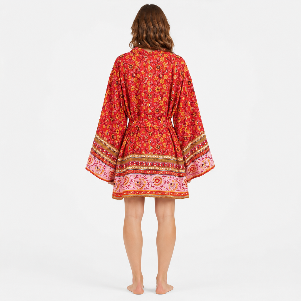Kimono Femme Court Rouge Fleuri Japonais | Momiji