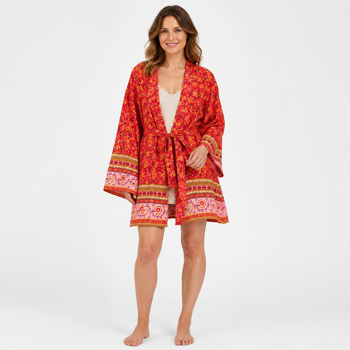Kimono Femme Court Rouge Fleuri Japonais | Momiji