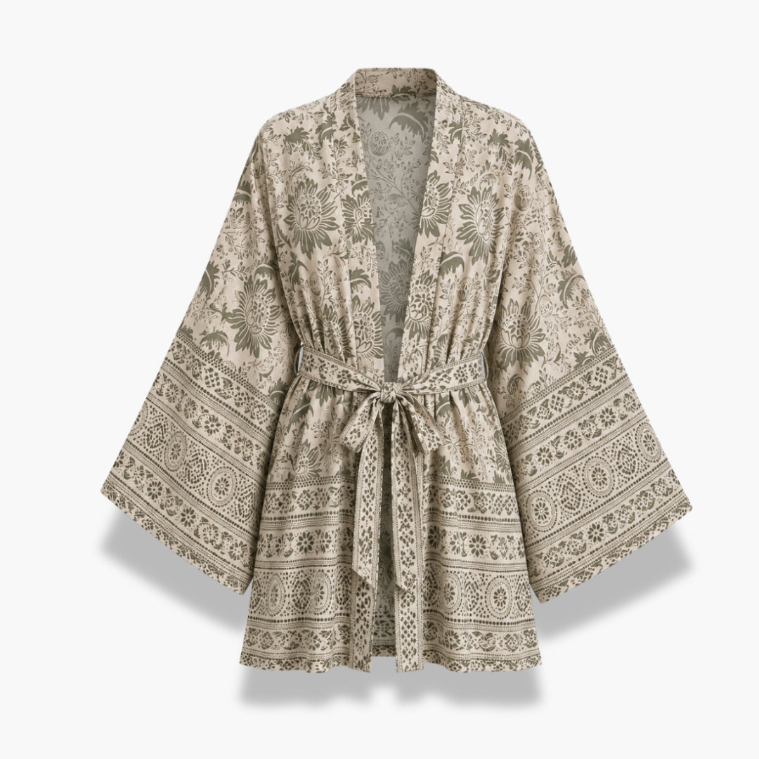 Kimono Femme Fleuri Beige Court | Momoka