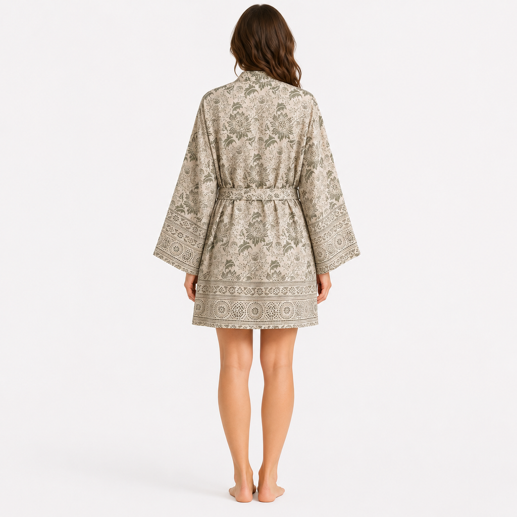 Kimono Femme Fleuri Beige Court | Momoka