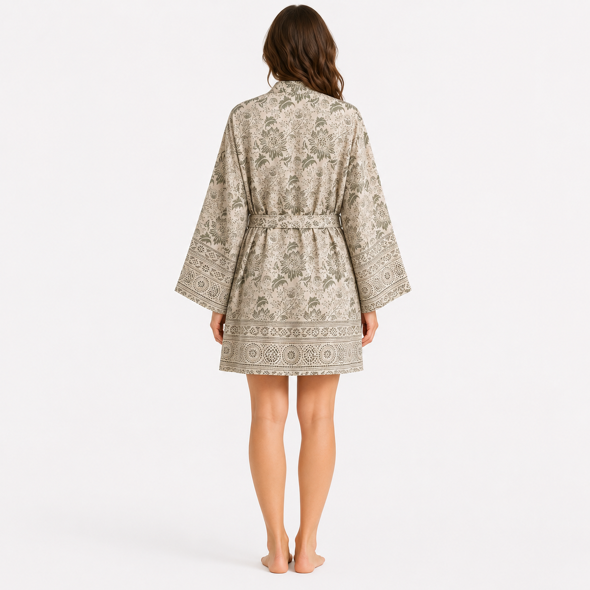 Kimono Femme Fleuri Beige Court | Momoka