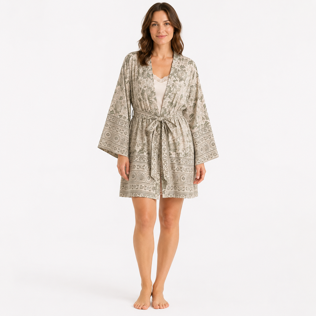 Kimono Femme Fleuri Beige Court | Momoka