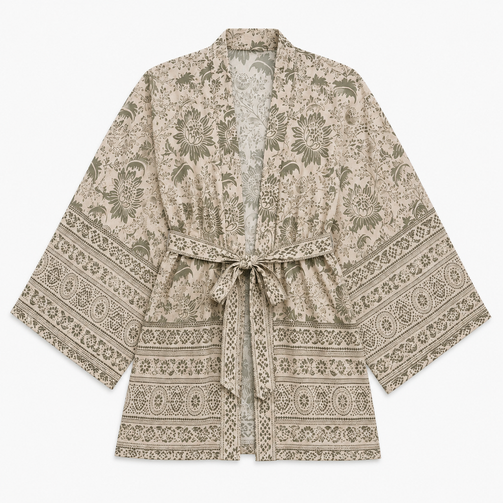 Kimono Femme Fleuri Beige Court | Momoka