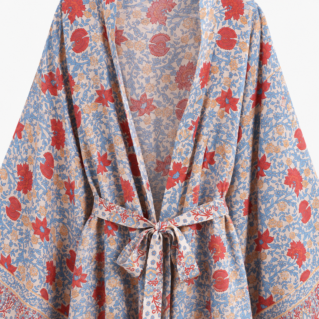 Kimono Femme Fleuri Bleu ciel Court | Ayame