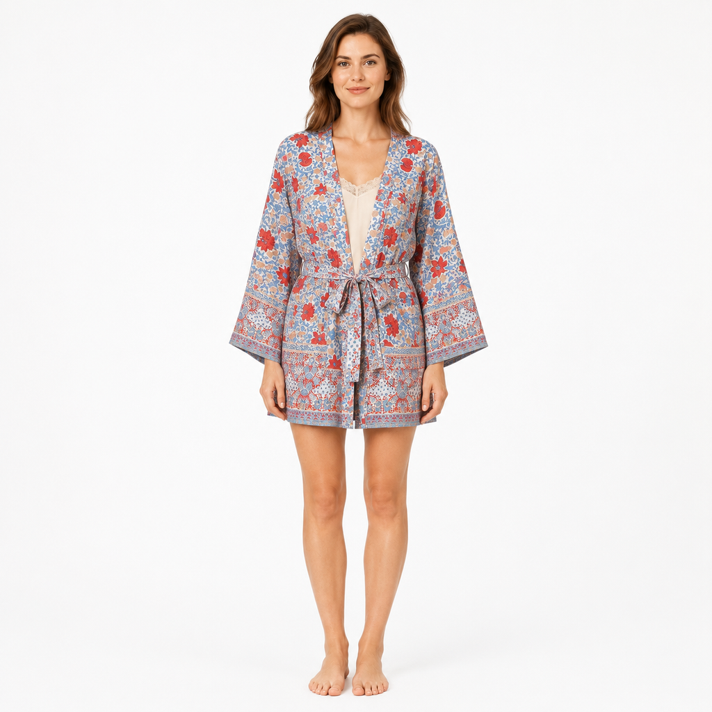 Kimono Femme Fleuri Bleu ciel Court | Ayame