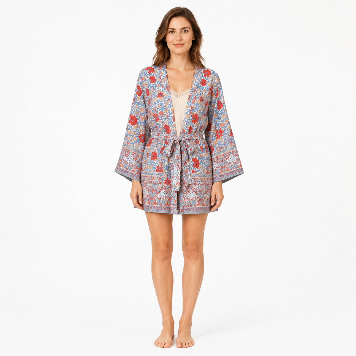 Kimono Femme Fleuri Bleu ciel Court | Ayame