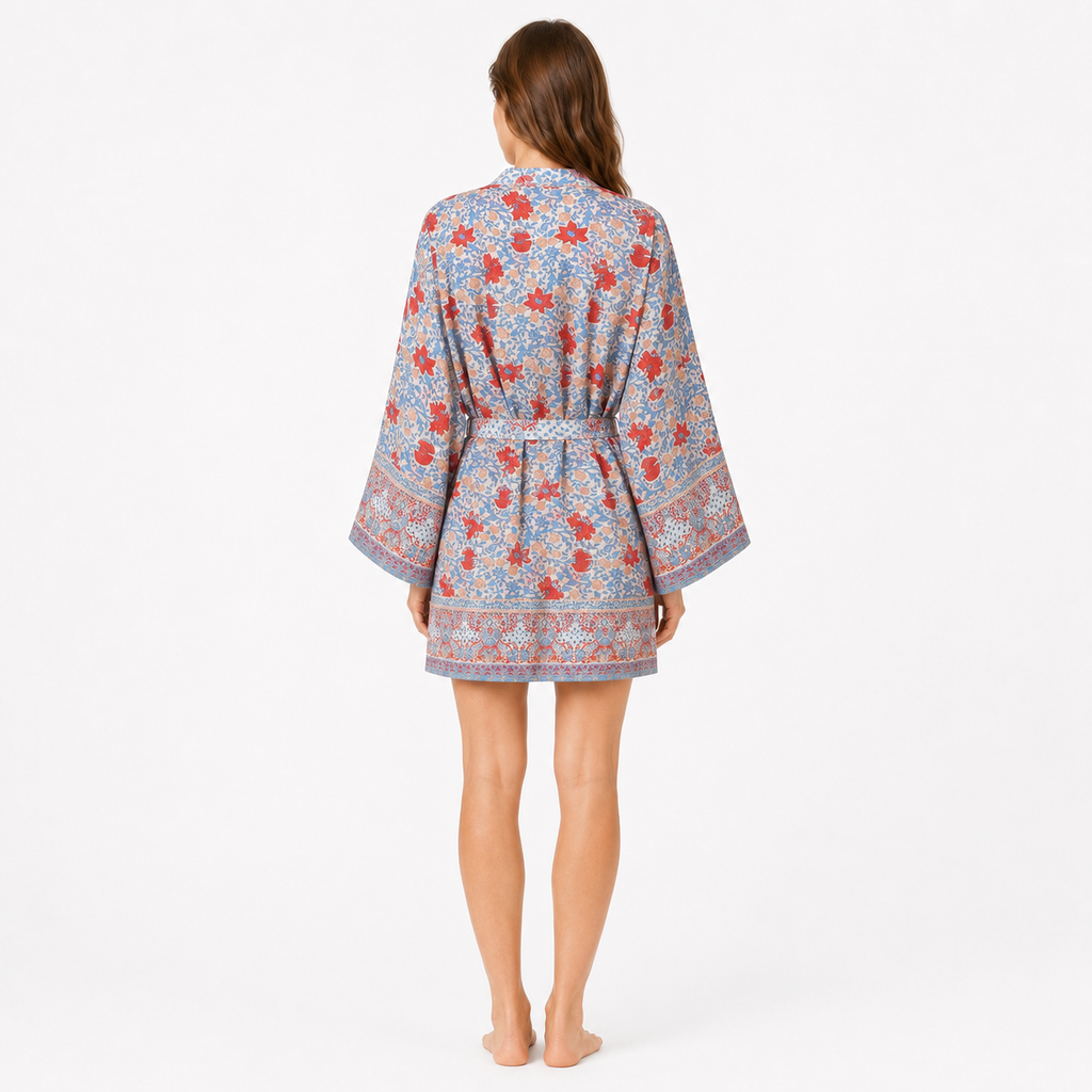 Kimono Femme Fleuri Bleu ciel Court | Ayame