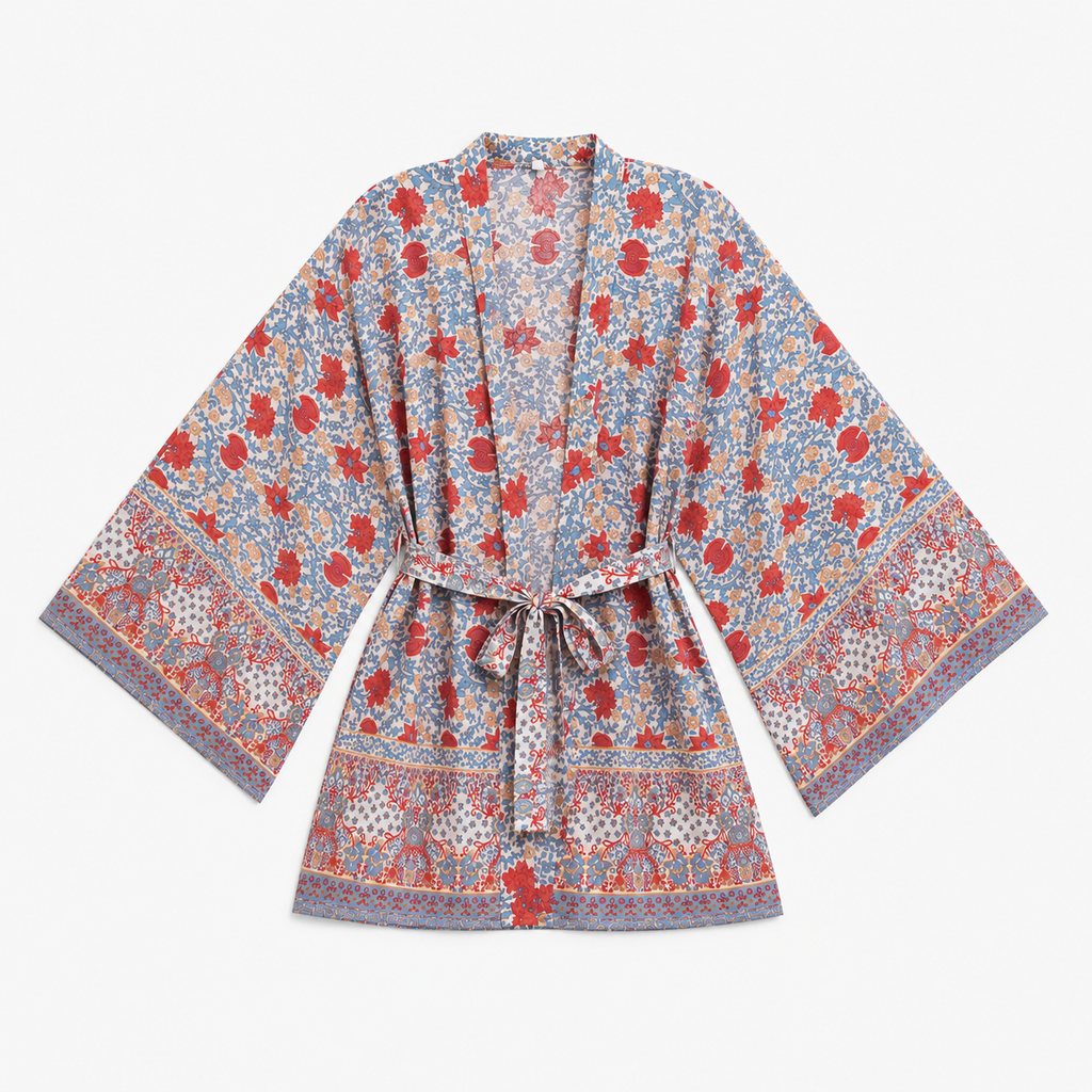 Kimono Femme Fleuri Bleu ciel Court | Ayame