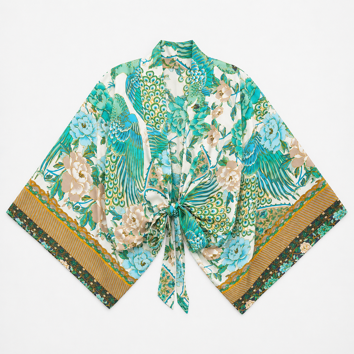 Kimono Femme Fleuri Cache-cœur Turquoise Court | Mizuha