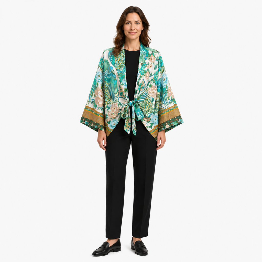 Kimono Femme Fleuri Cache-cœur Turquoise Court | Mizuha