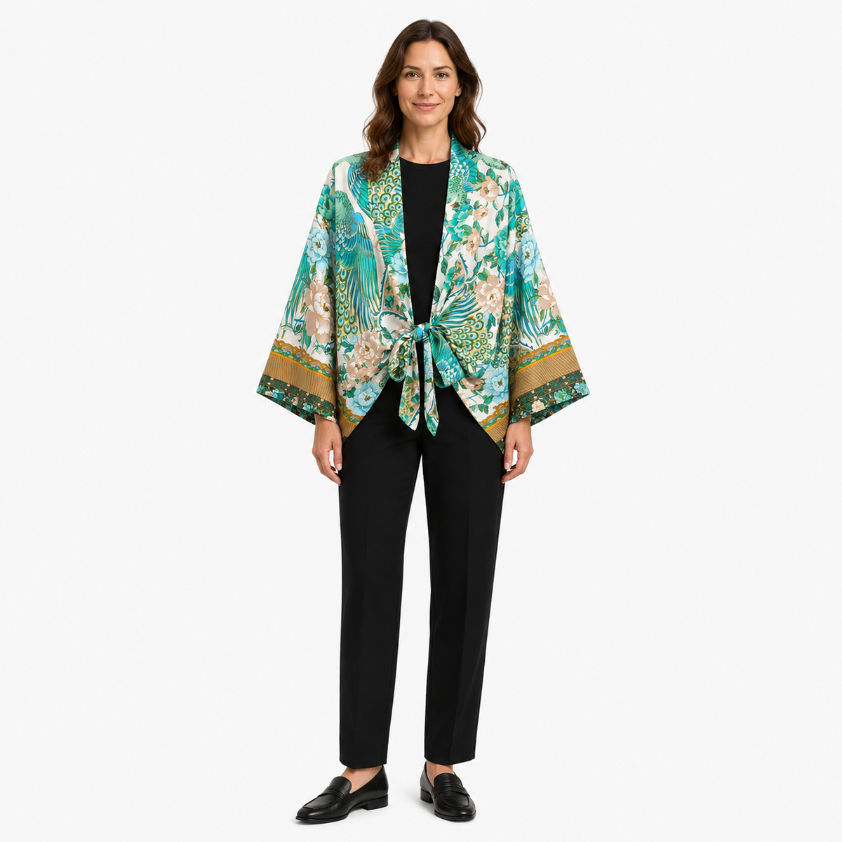 Kimono Femme Fleuri Cache-cœur Turquoise Court | Mizuha