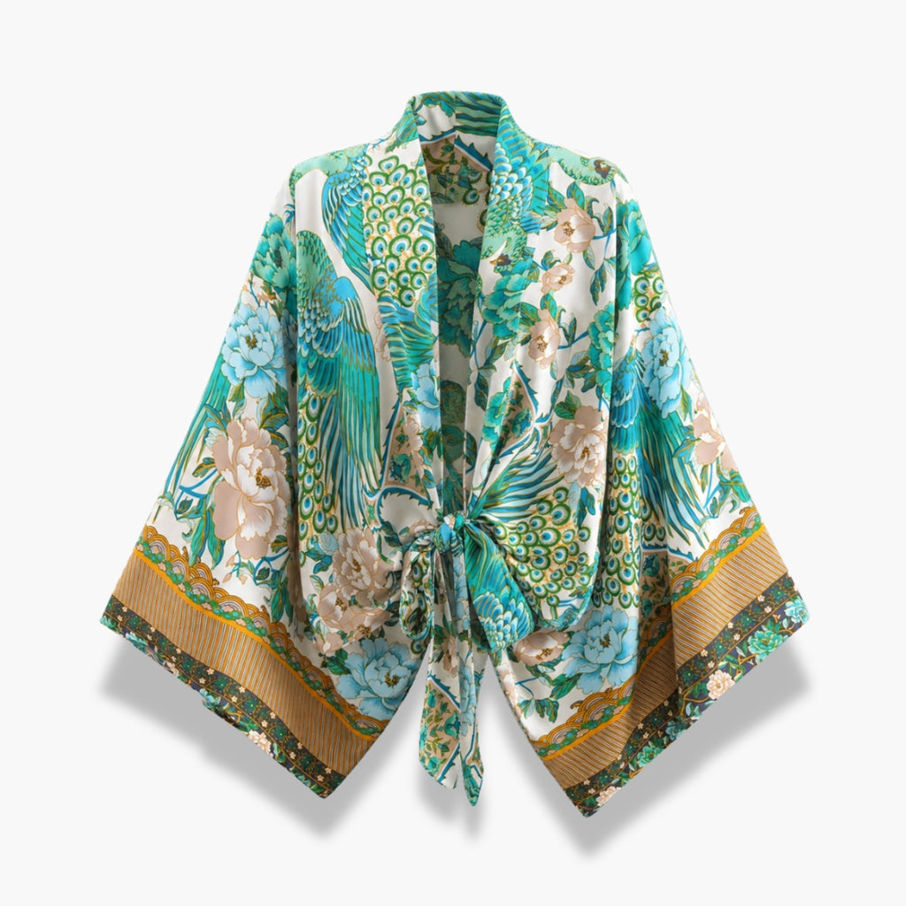Kimono Femme Fleuri Cache-cœur Turquoise Court | Mizuha