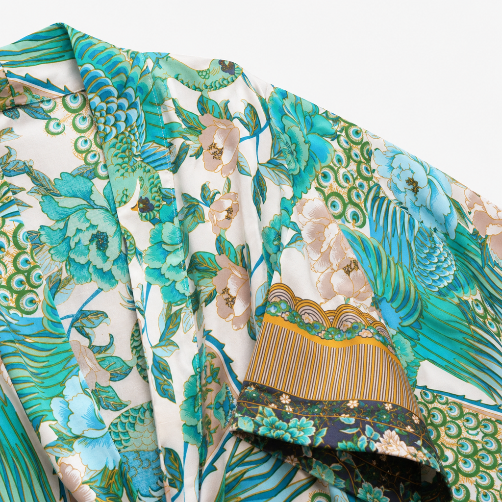 Kimono Femme Fleuri Cache-cœur Turquoise Court | Mizuha