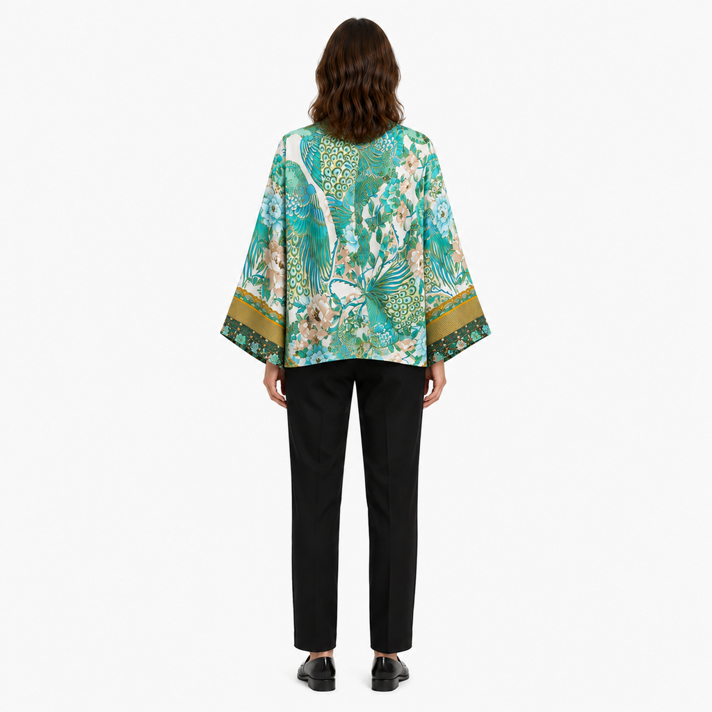 Kimono Femme Fleuri Cache-cœur Turquoise Court | Mizuha