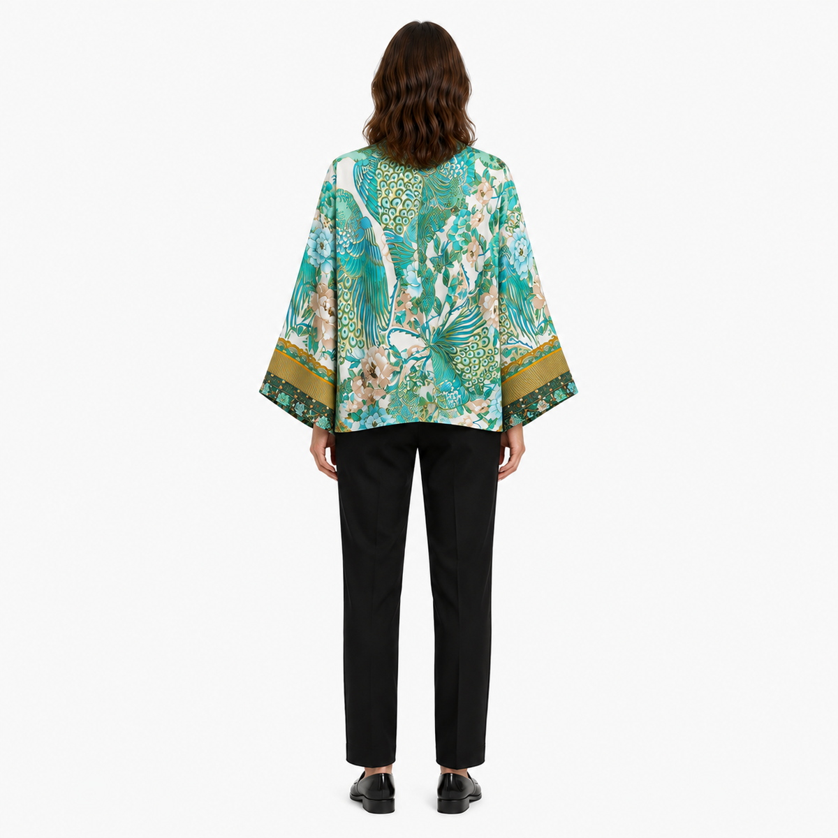 Kimono Femme Fleuri Cache-cœur Turquoise Court | Mizuha