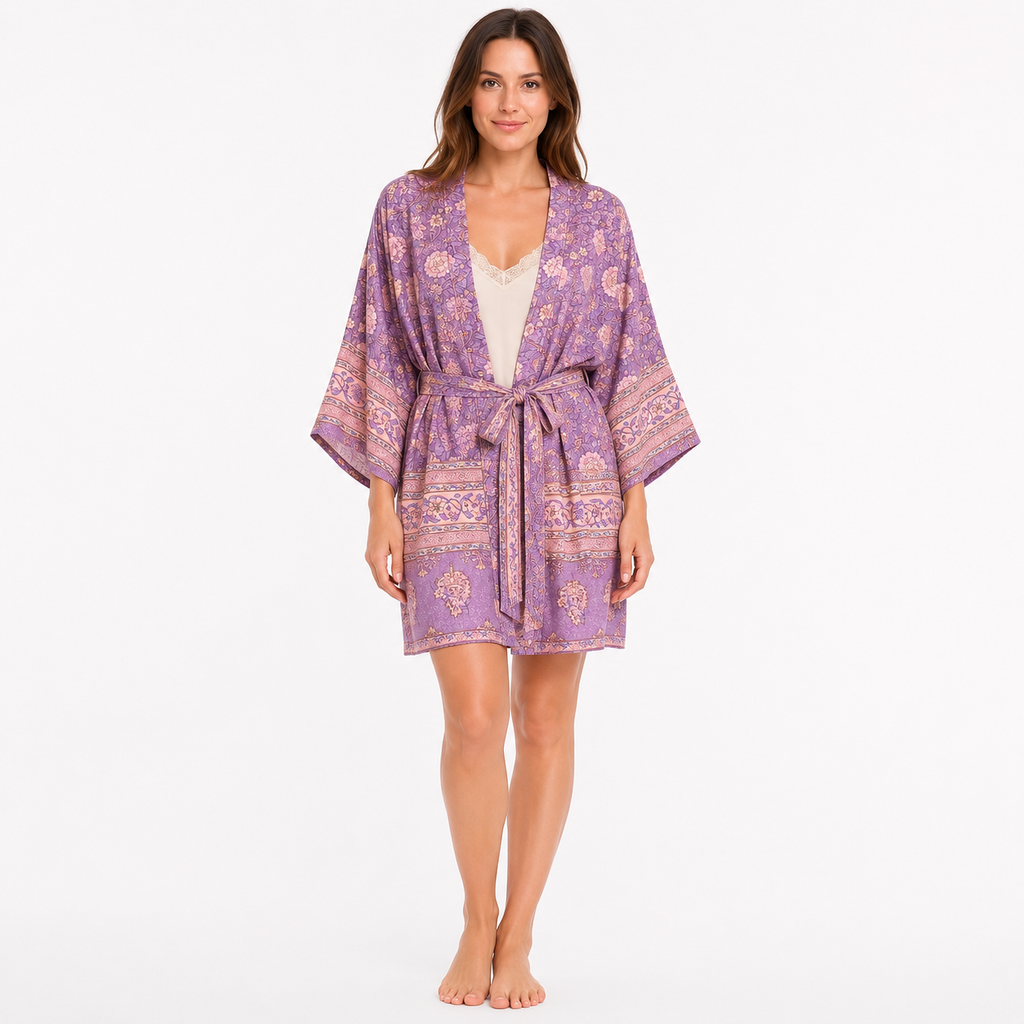 Kimono Femme Fleuri Lilas Court | Hanami