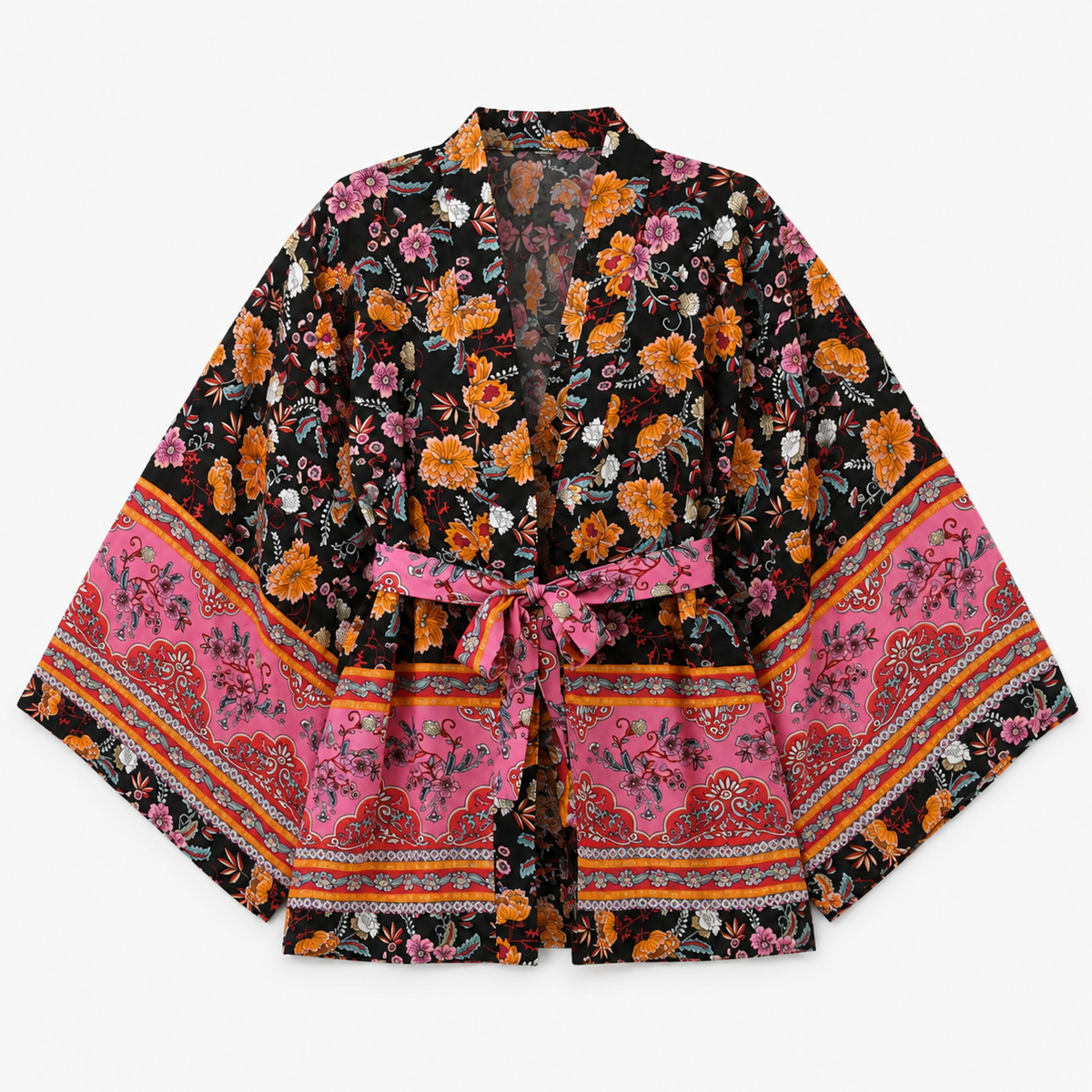 Kimono Femme Fleuri Noir Court | Reika