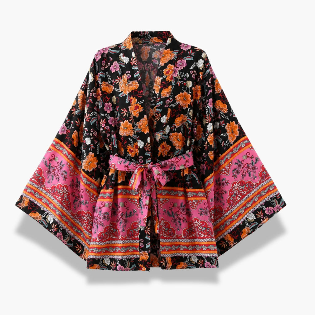 Kimono Femme Fleuri Noir Court | Reika