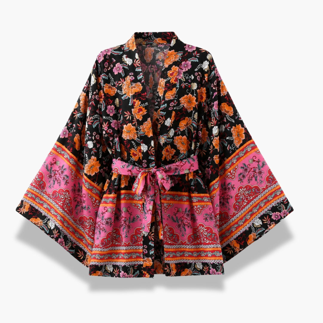 Kimono Femme Fleuri Noir Court | Reika