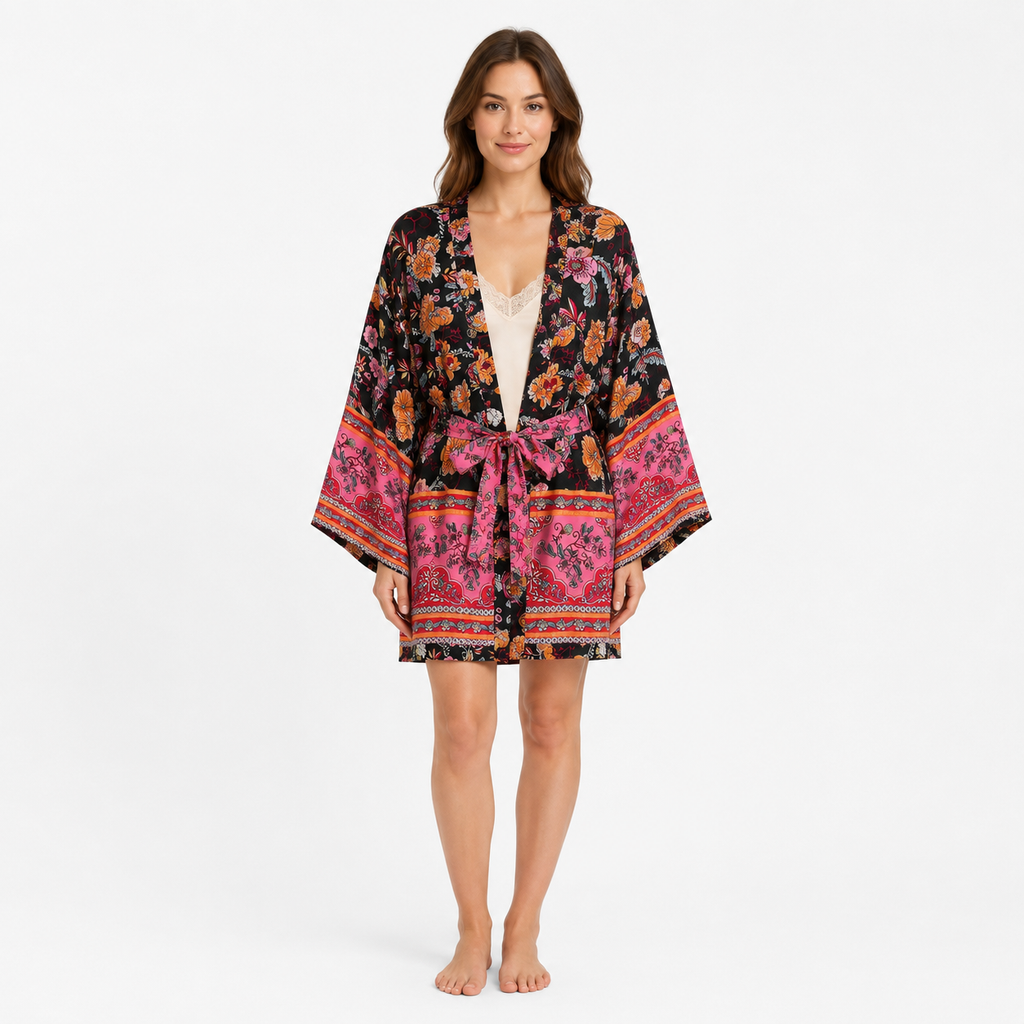 Kimono Femme Fleuri Noir Court | Reika