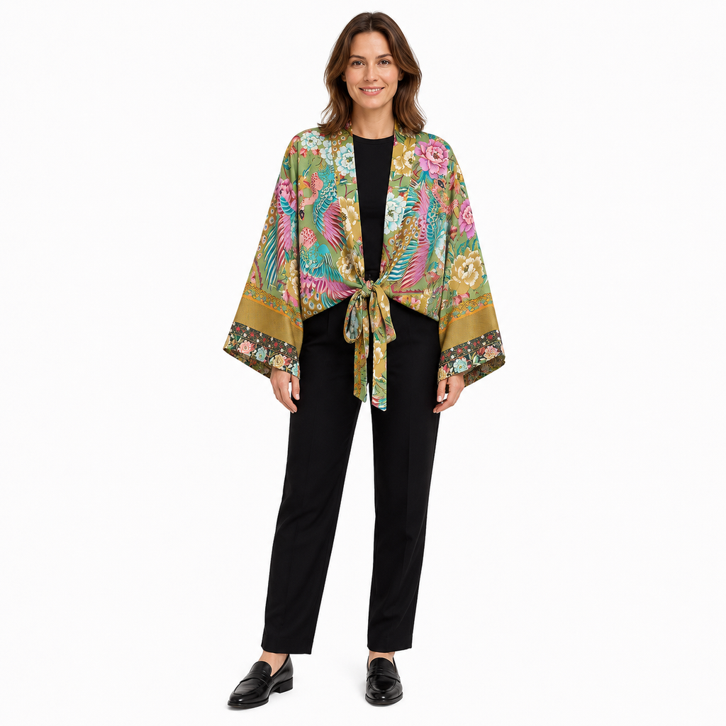 Kimono Femme Fleuri Olive Clair Court | Ayano