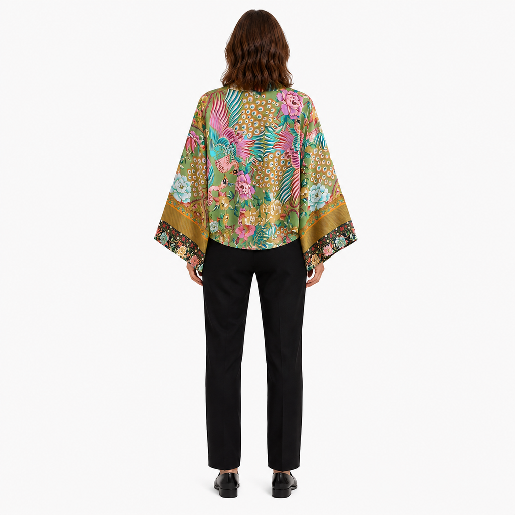 Kimono Femme Fleuri Olive Clair Court | Ayano