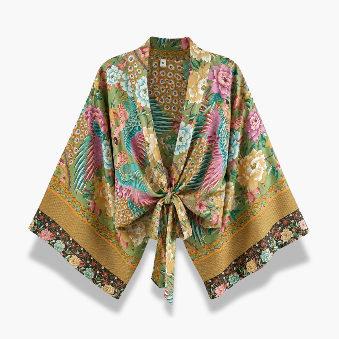 Kimono Femme Fleuri Olive Clair Court | Ayano