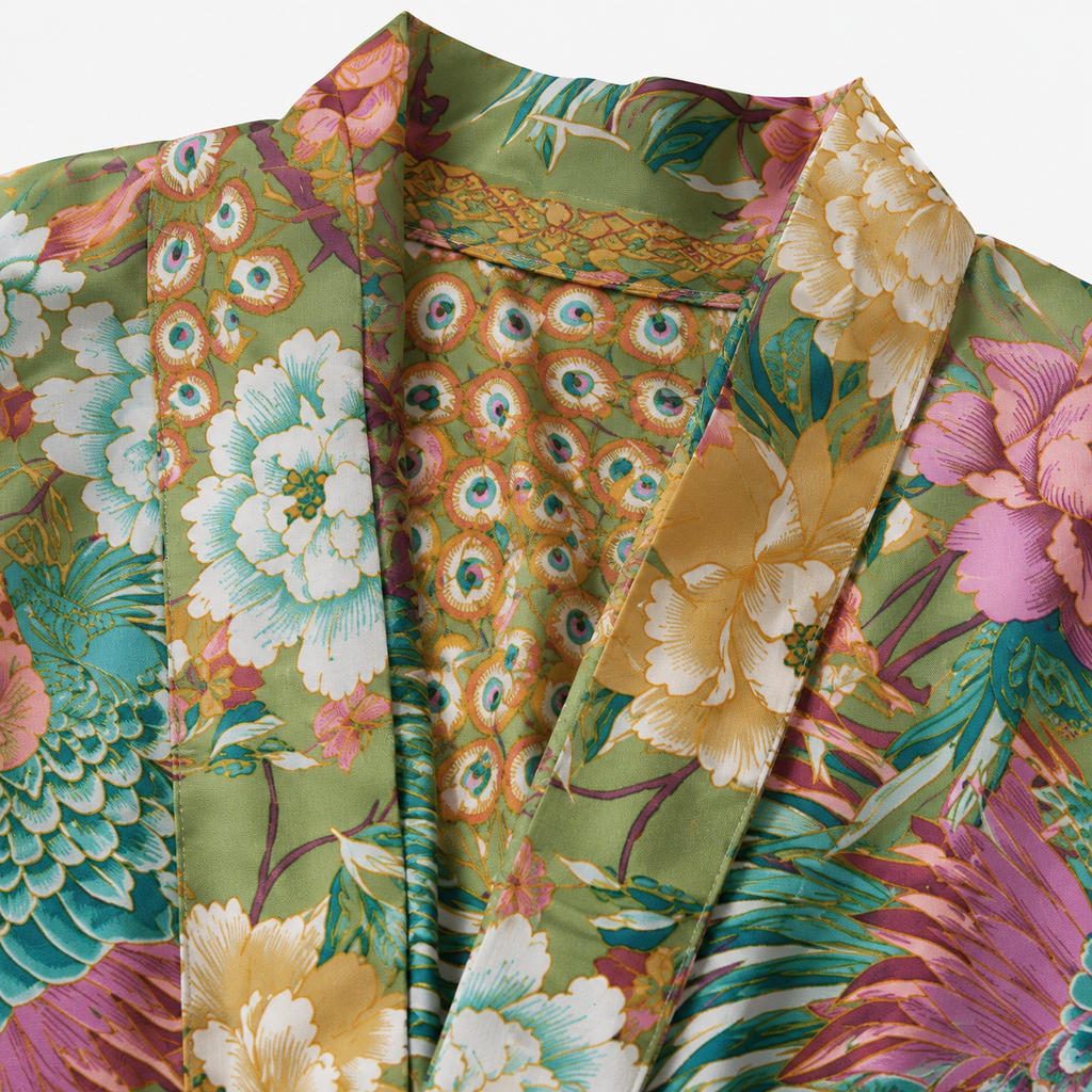 Kimono Femme Fleuri Olive Clair Court | Ayano