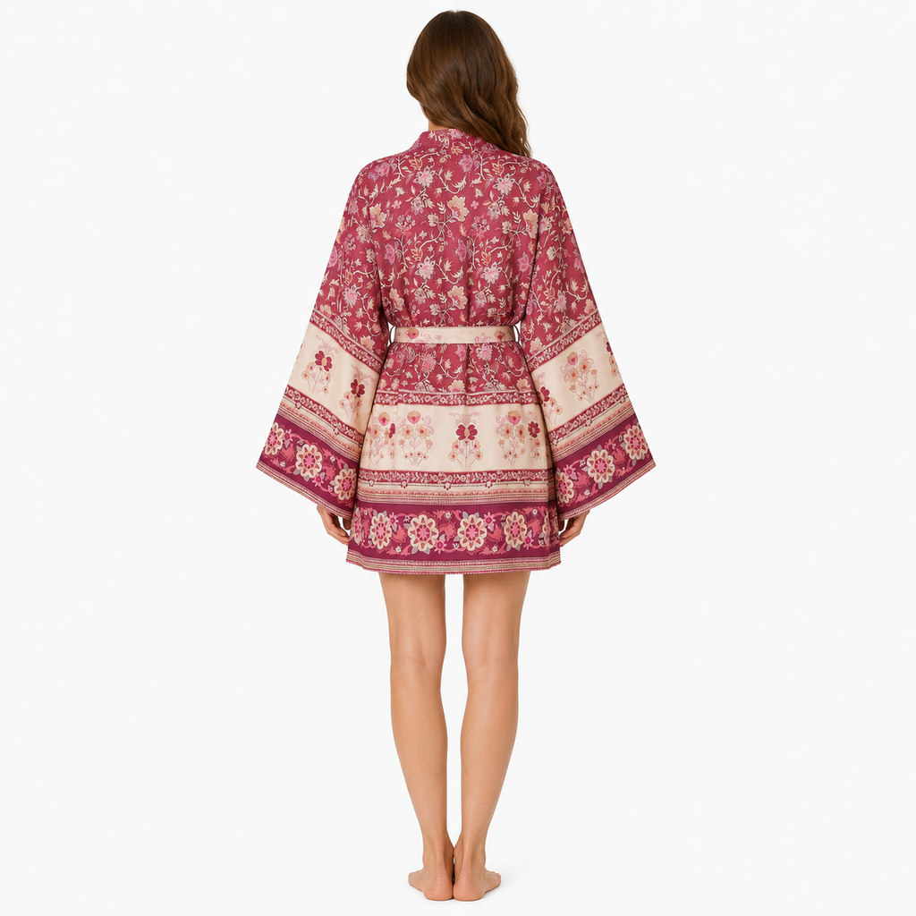Kimono Femme Fleuri Prune Court | Momiji