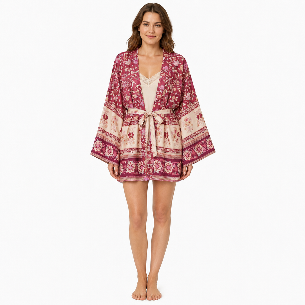 Kimono Femme Fleuri Prune Court | Momiji