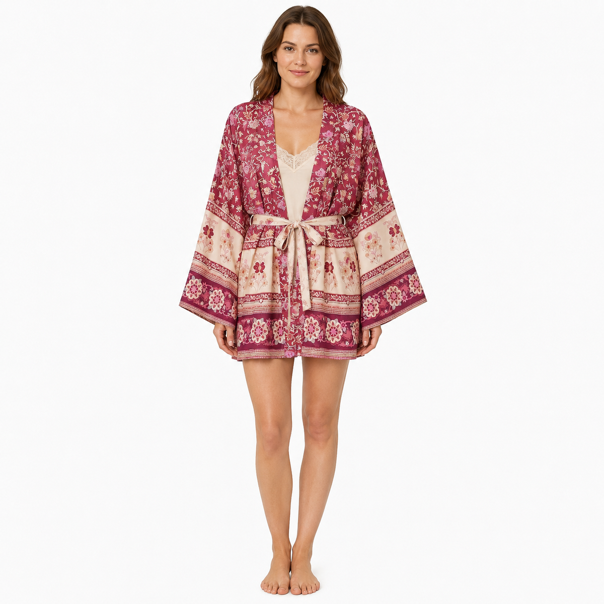 Kimono Femme Fleuri Prune Court | Momiji
