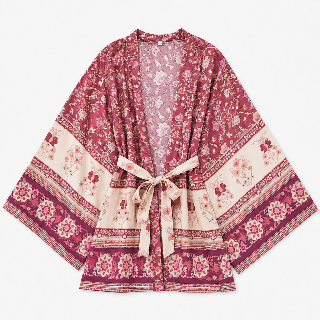 Kimono Femme Fleuri Prune Court | Momiji