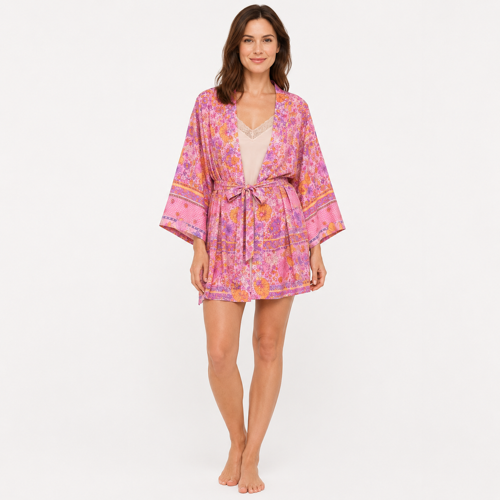 Kimono Femme Fleuri Rose Court | Momoka