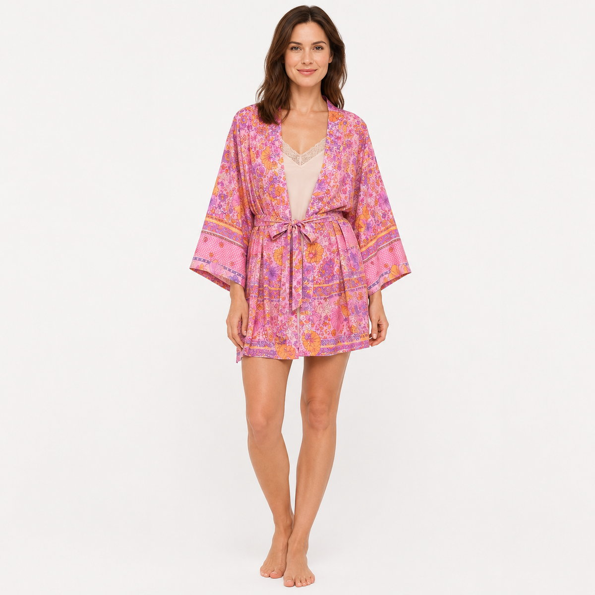 Kimono Femme Fleuri Rose Court | Momoka