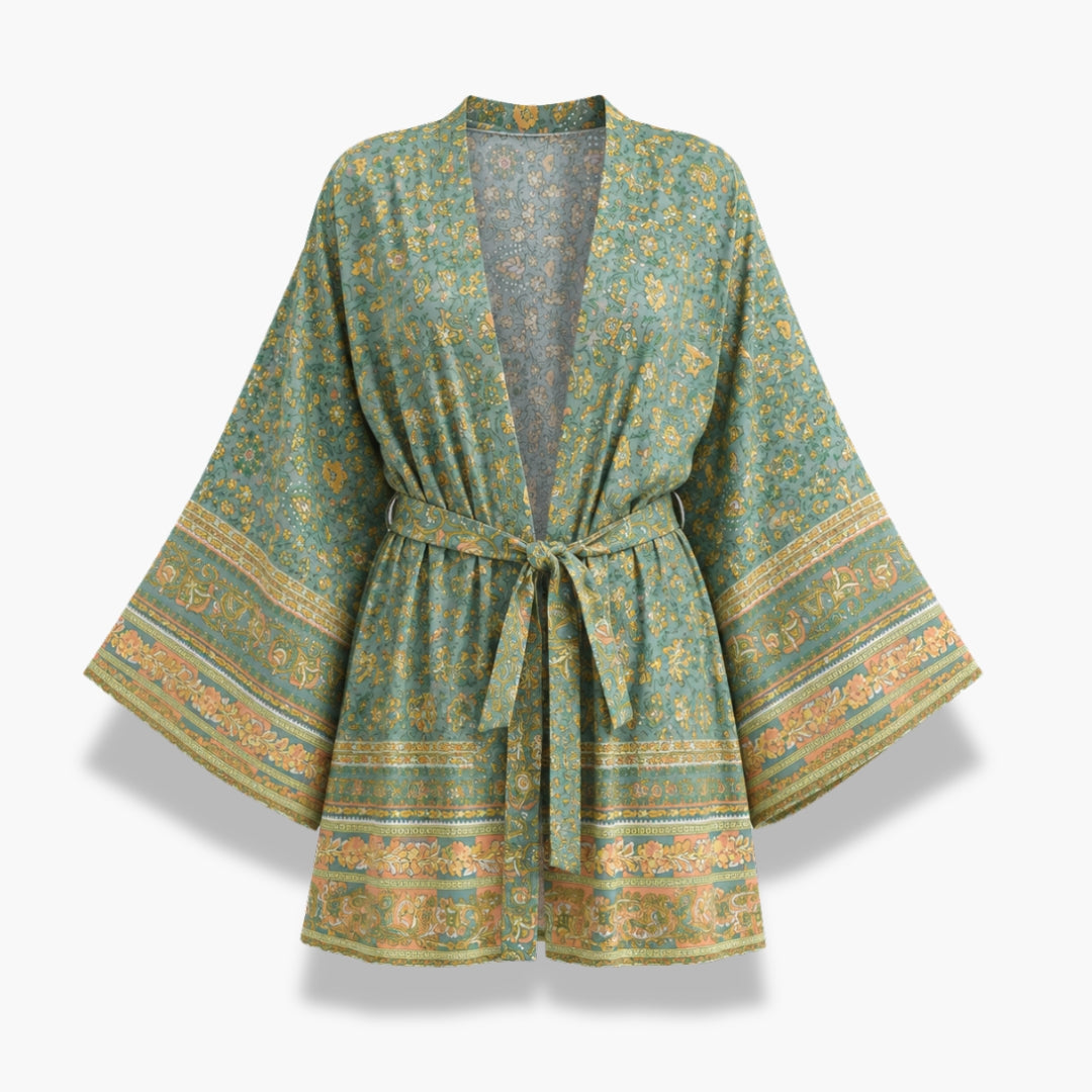 Kimono Femme Fleuri Vert Eucalyptus Court | Midori