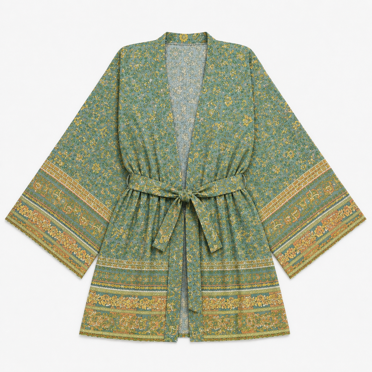 Kimono Femme Fleuri Vert Eucalyptus Court | Midori