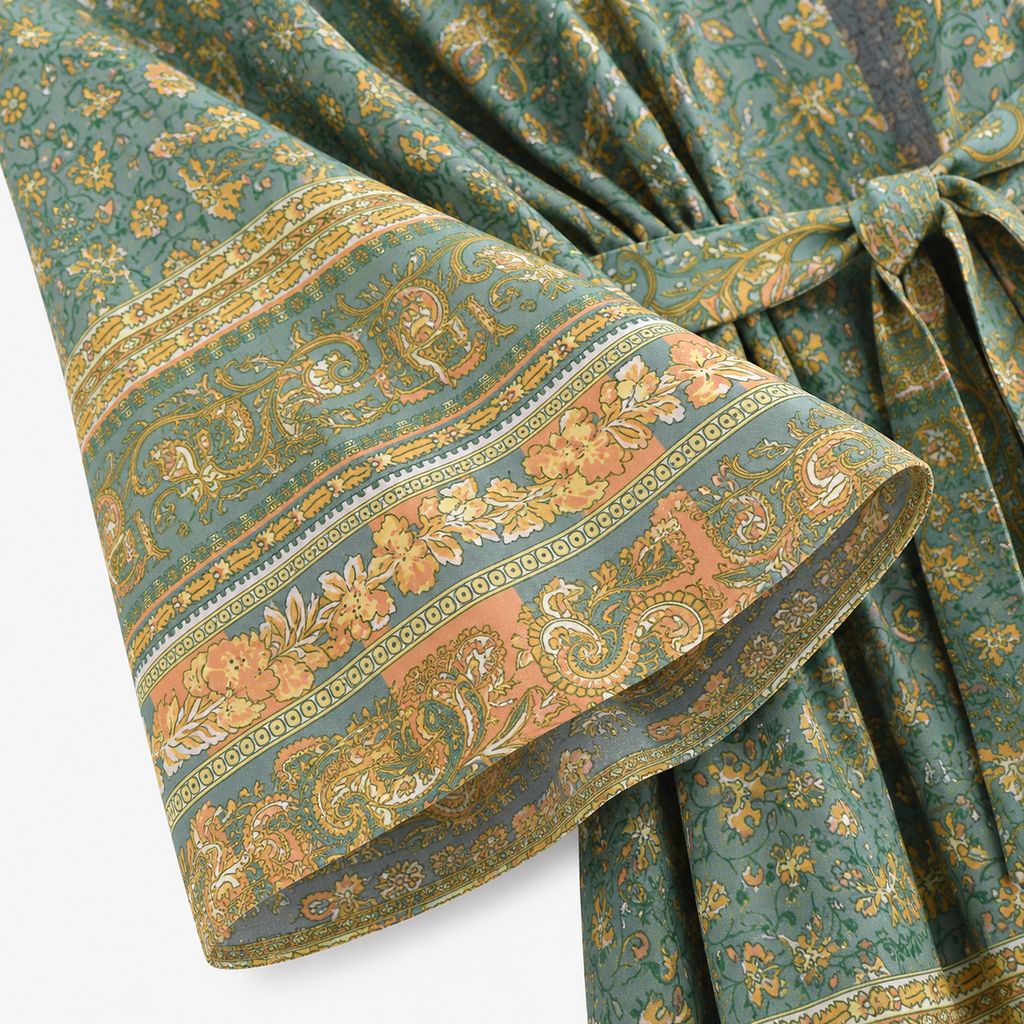 Kimono Femme Fleuri Vert Eucalyptus Court | Midori