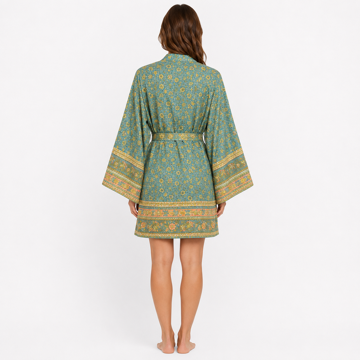 Kimono Femme Fleuri Vert Eucalyptus Court | Midori