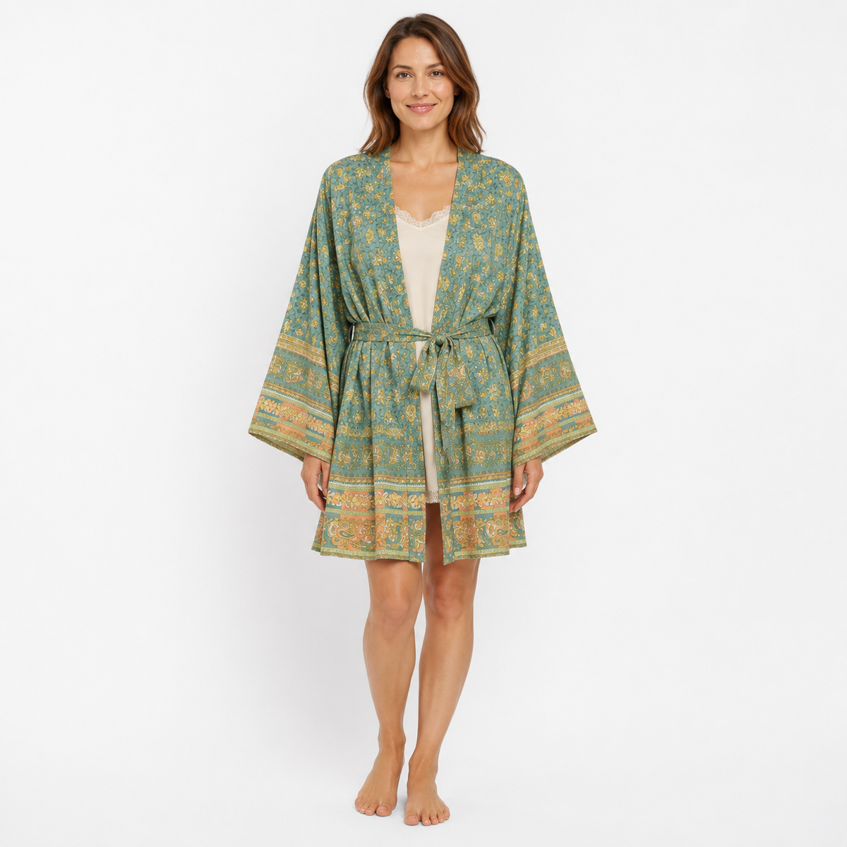 Kimono Femme Fleuri Vert Eucalyptus Court | Midori
