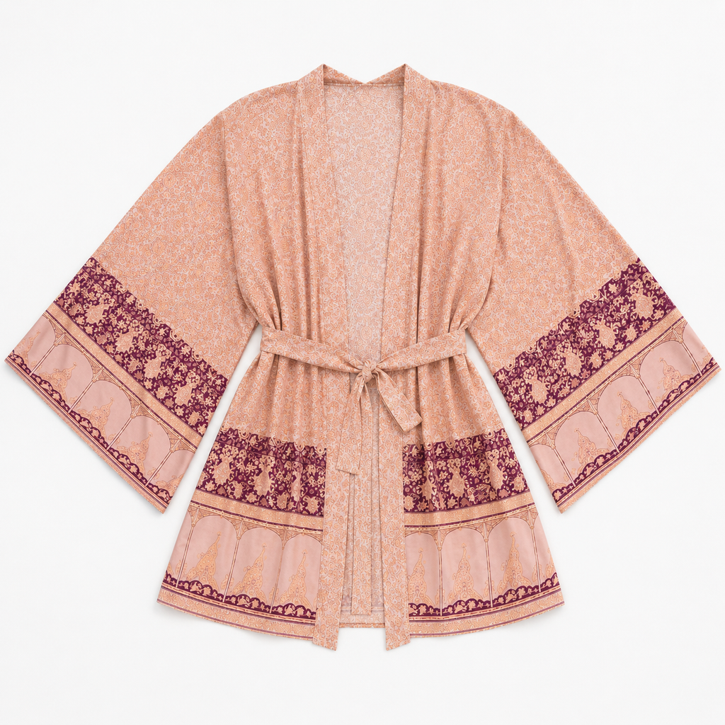 Kimono Femme Japonais Fleuri Pêche Rosée Court | Kaede