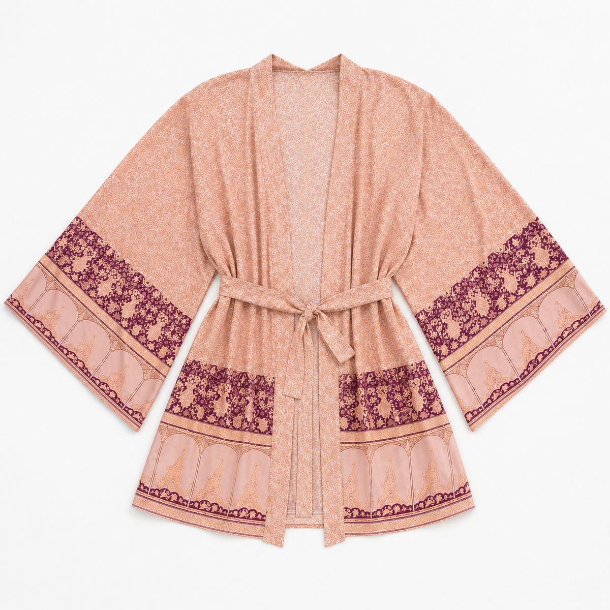 Kimono Femme Japonais Fleuri Pêche Rosée Court | Kaede