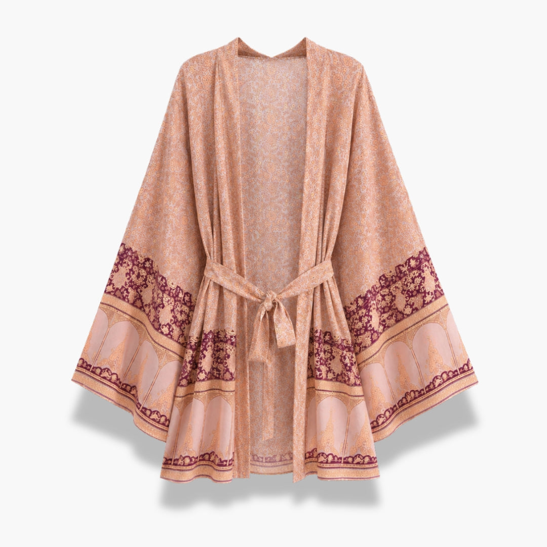 Kimono Femme Japonais Fleuri Pêche Rosée Court | Kaede