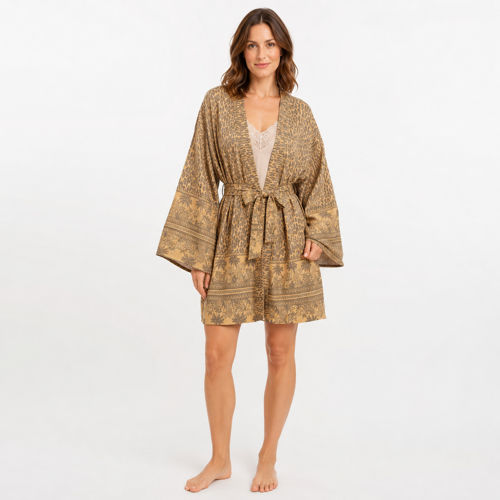 Kimono Femme Court Léopard Ocre | Kohana