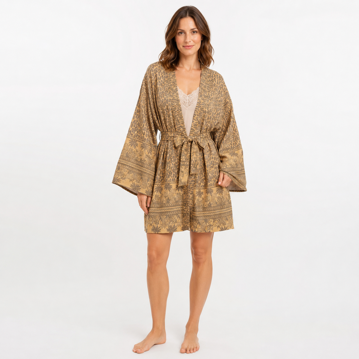 Kimono Femme Court Léopard Ocre | Kohana