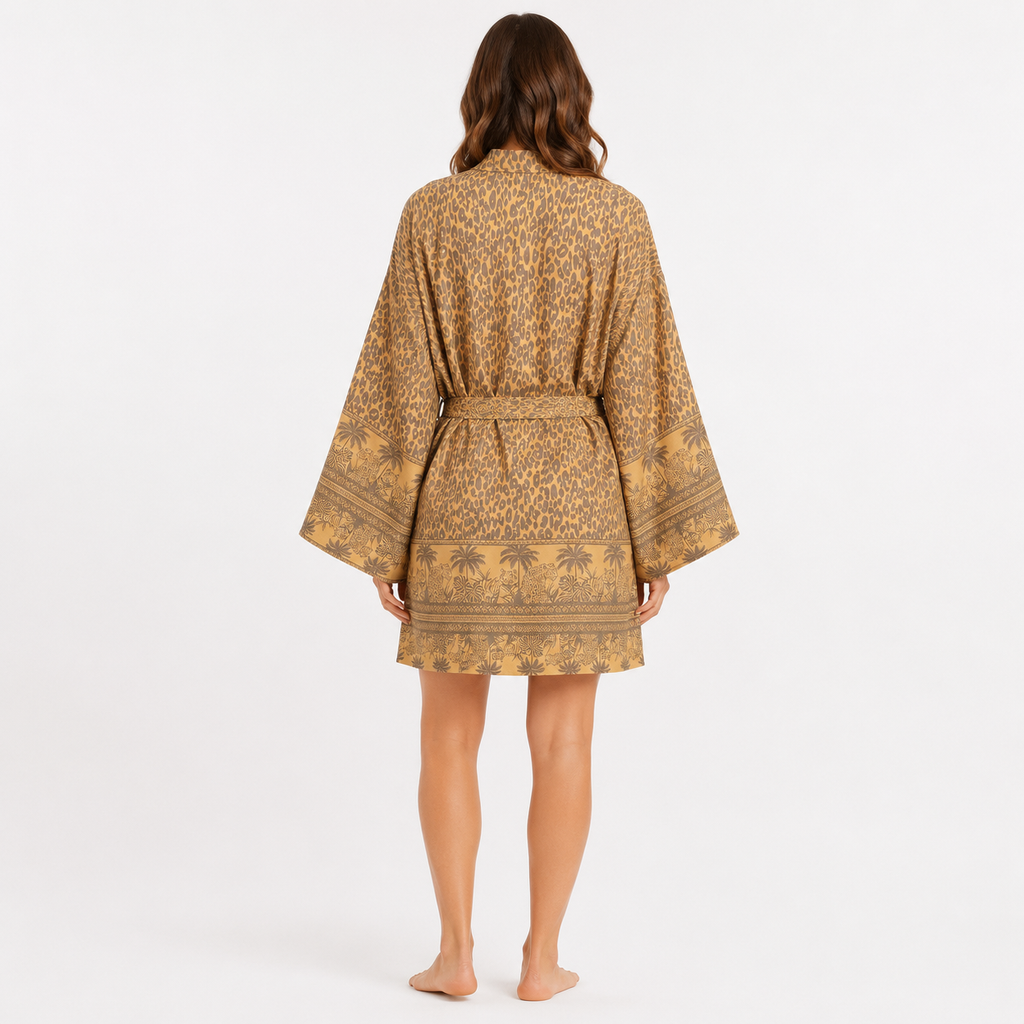 Kimono Femme Court Léopard Ocre | Kohana