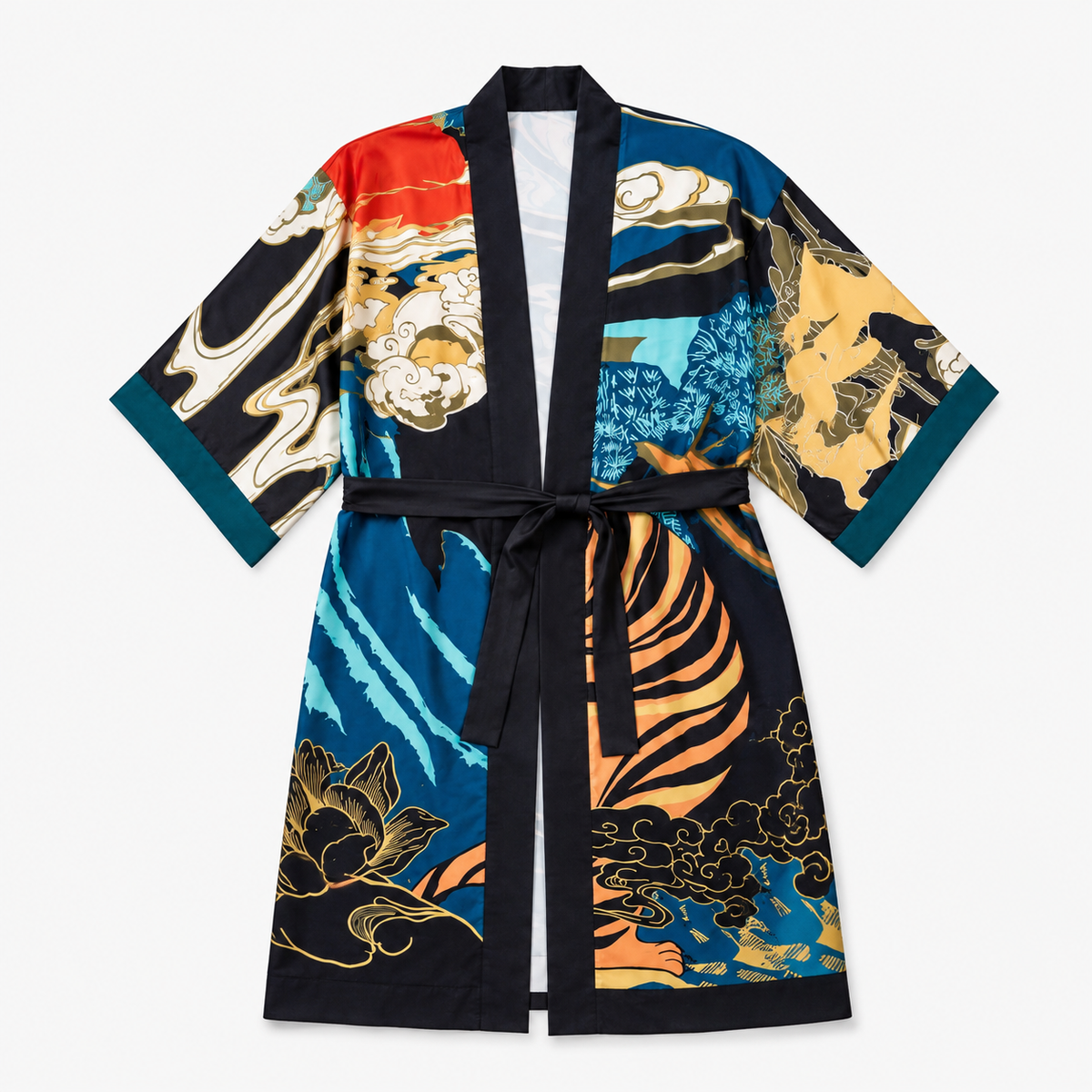 Kimono Femme Japonais Tigre Noir Long | Toraya