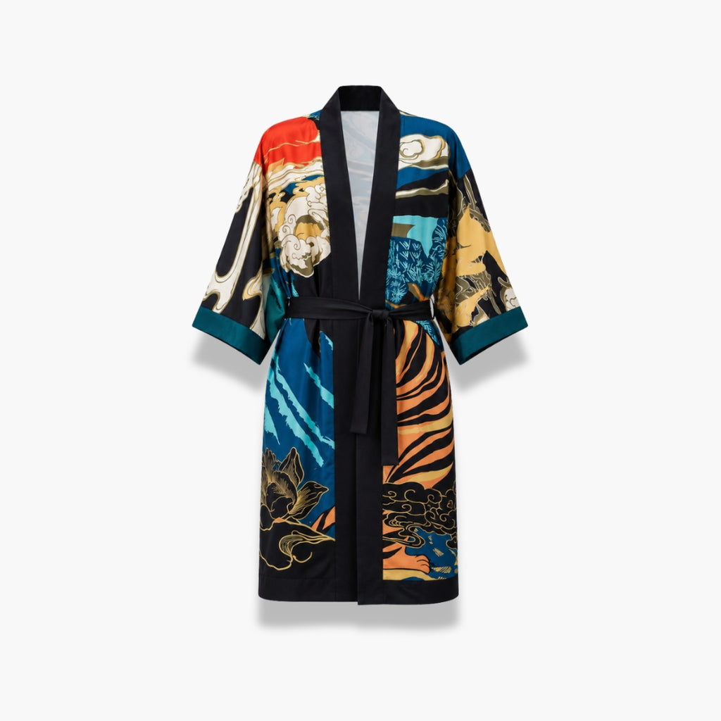 Kimono Femme Japonais Tigre Noir Long | Toraya